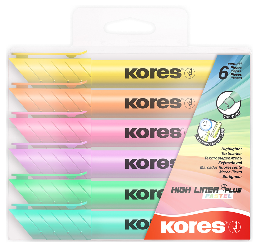 Bild von Kores - High Liner Plus: Pastellfarbene Textmarker Stifte, Keilspitze und wasserbasierte Tinte, Schul- und Bürobedarf, Set von 6 Sortierten Farben