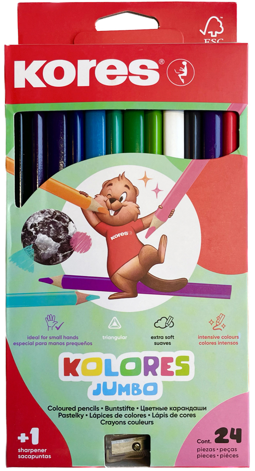 Bild von Kores, Malstifte, Dreikant-Buntstifte "Kolores JUMBO", 24er Karton-Etui + GRATIS Spitzer, inkl. Namensfeld, aus Linden (5 Farben, 24 x)