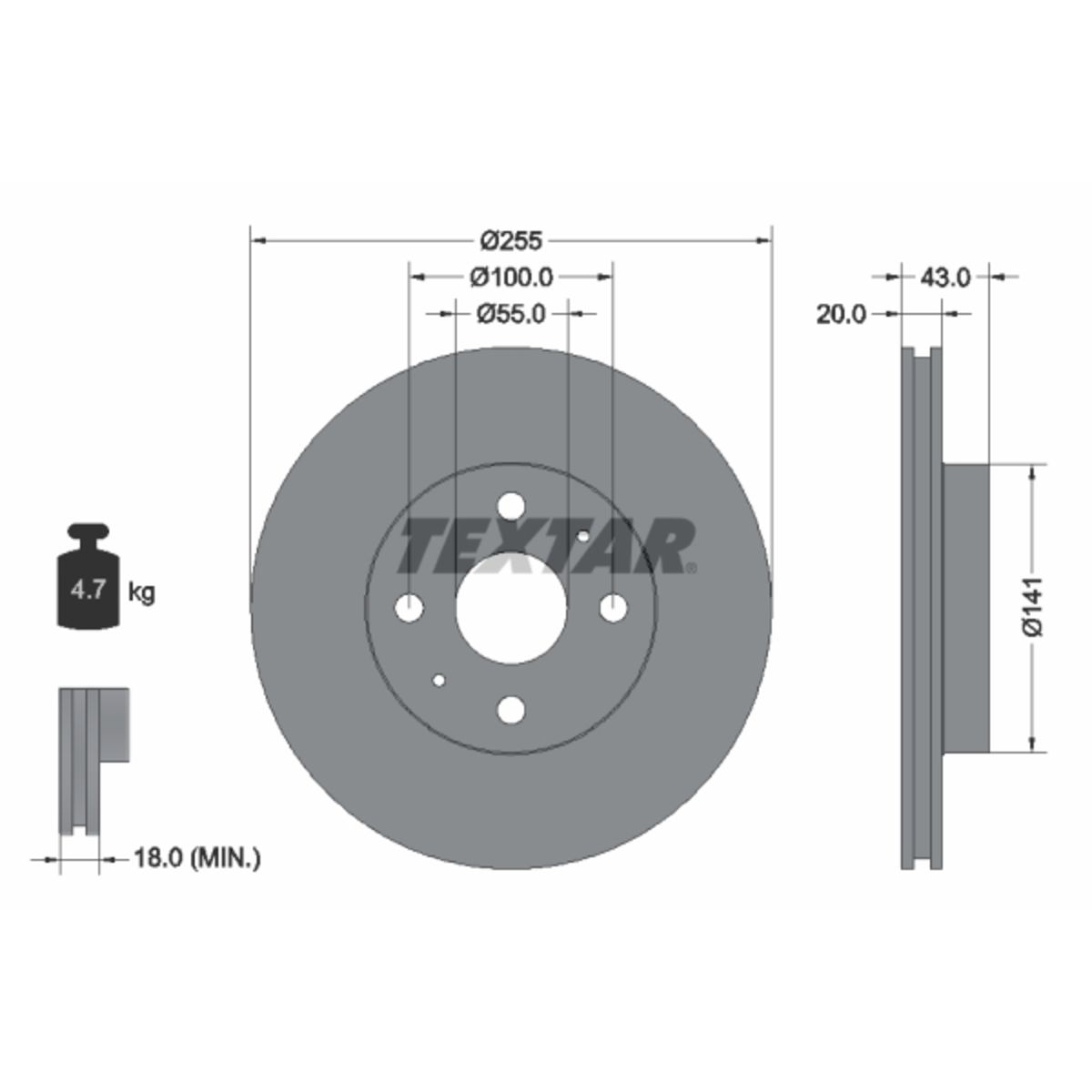 Bild von TEXTAR PRO Bremsscheibe 92115603 255 20 04/06 100 innenbelüftet TOYOTA: Yaris I Schrägheck, Yaris Verso, MR2 III Cabrio