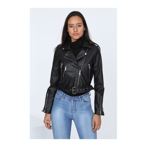 Bild von TEORA FASHION Schwarze Lederjacke Mit Gürtel für Damen - M
