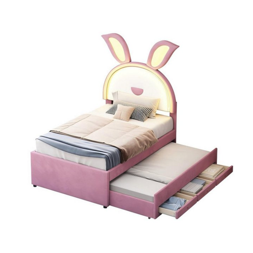 Bild von Odikalo Kinderbett Polsterbett Schlafsofa Ausziehbar Stauraum Schublade LED 90cm Weiß/Rot