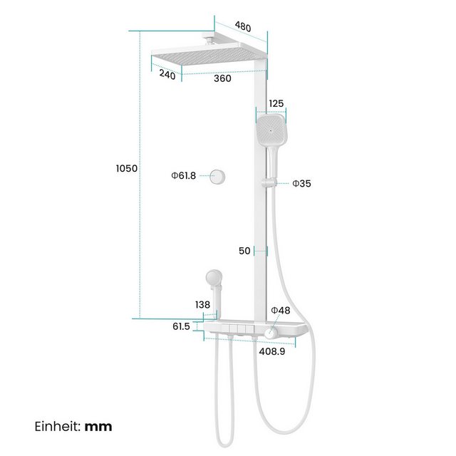 Bild von EMKE Duschsystem Brausegarnitur mit Thermostat Bluetooth-Steuerung Entwässerung, Höhe 113 cm, 4 Strahlart(en), Regendusche,Kinderdusche,Bluetooth,Weiß