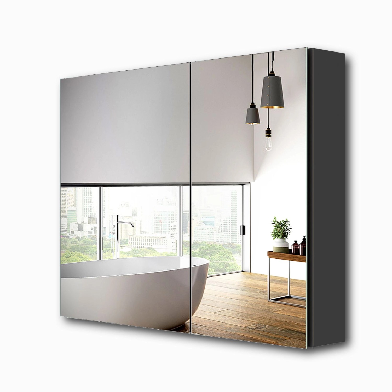 Bild von Emke Spiegelschrank 2 Türig  85x65 cm Doppelseitigen Spiegeltüren Grau