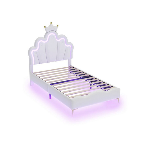 Bild von Odikalo Kinderbett Jugendbett Polsterbett Kronenform Leder LED-Licht Rosa/Weiß 140/90x200