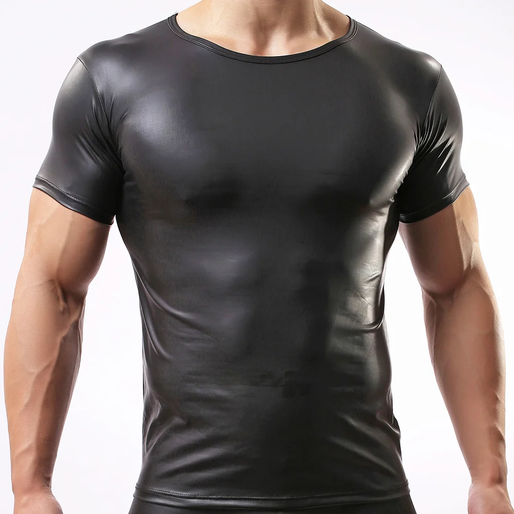 Bild von Einfarbiges Herren Kunstleder Stretch bequemes enges Kurzarm T-Shirt