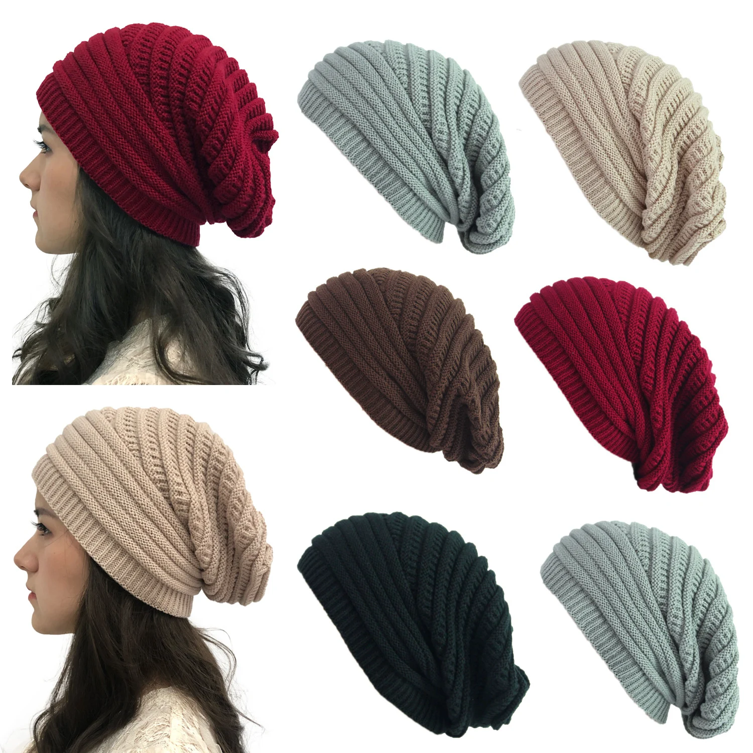 Bild von Gestrickte Winter Slouchy Beanie Mütze Oversized Unisex Crochet Cable Ski Cap Baggy Slouch Hats für Damen