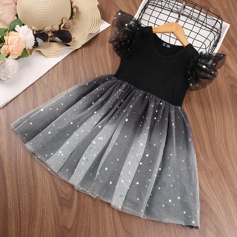 Bild von Mädchenkleid neu 2021 Frühling und Sommer Außenhandel Kinderbekleidung Stern allmähliche Änderung Mesh fliegenden Ärmel Prinzessin Rock Großhandel