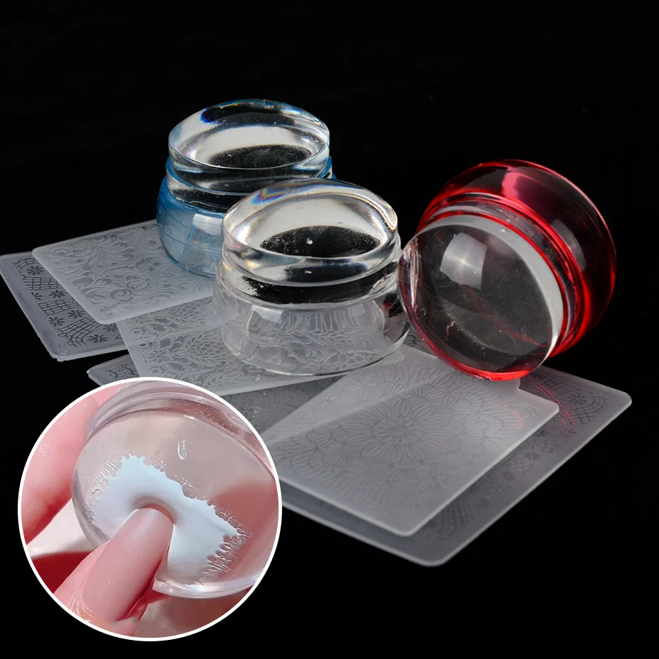 Bild von Hot Nail transparenter Transferstempel dreifarbig mit Nagelstempel French Nail Stamp Tool mit Schaber