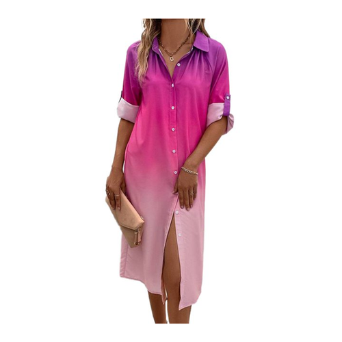 Bild von MC Star Blusenkleid Damen Midi-Hemdkleid mit Umschlagärmeln