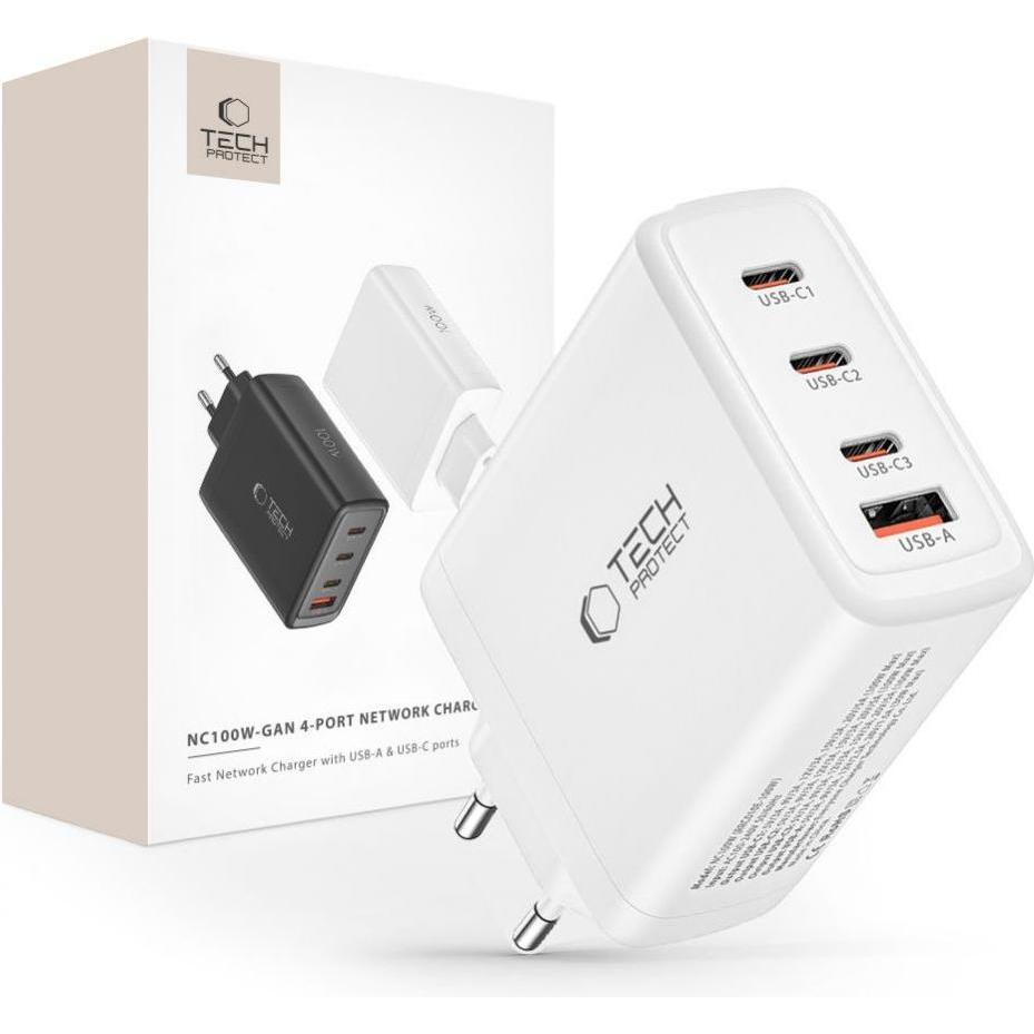 Bild von Tech-Protect NC100W-GAN charger GaN 3x USB-C PD 100W / USB-A QC 3.0 - white (100 W), USB Ladegerät, Weiss