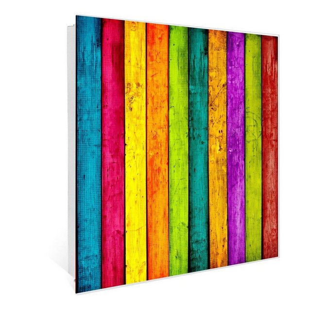 Bild von Banjado Großer Schlüsselkasten Glas 30x30cm Weiß Scharnier Rechts 50 Haken Beschreibbar Magnetisch Motiv Bunte Holzlatten