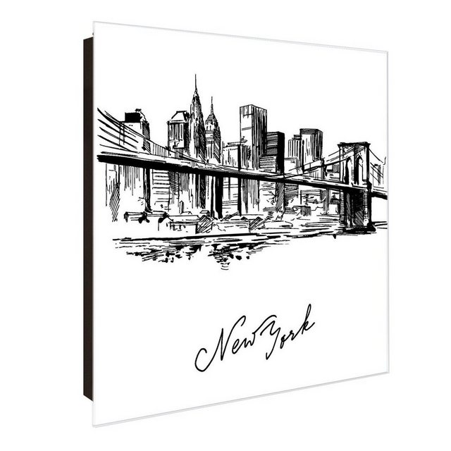 Bild von Banjado Großer Schlüsselkasten Glas 30x30cm Schwarz Scharnier Links 50 Haken Beschreibbar Magnetisch Motiv New York Skizze
