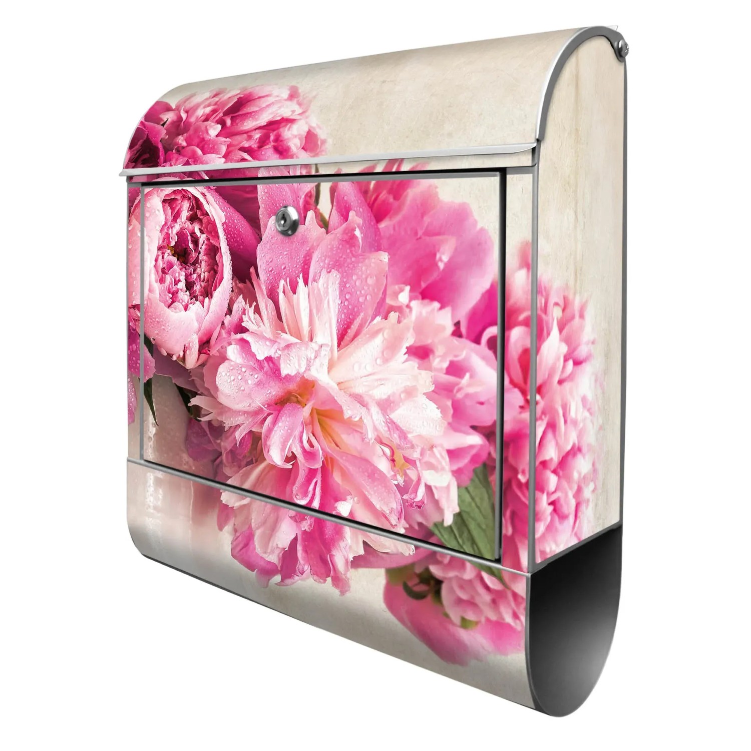 Bild von Banjado Design Briefkasten Silber Pulverbeschichtet 39x47x14cm 2 Schlüssel Mit Zeitungsfach Motiv Pfingstrose
