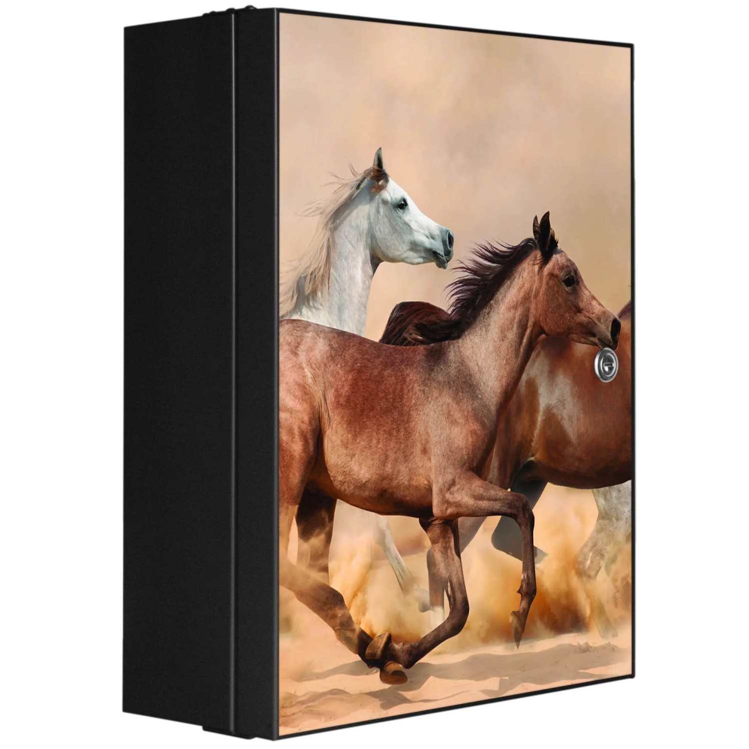 Bild von Banjado XXL Medizinschrank Abschliessbar 35x46x15cm Arzneischrank Anthrazit Aus Metall Front Mit Motiv Wilde Pferde