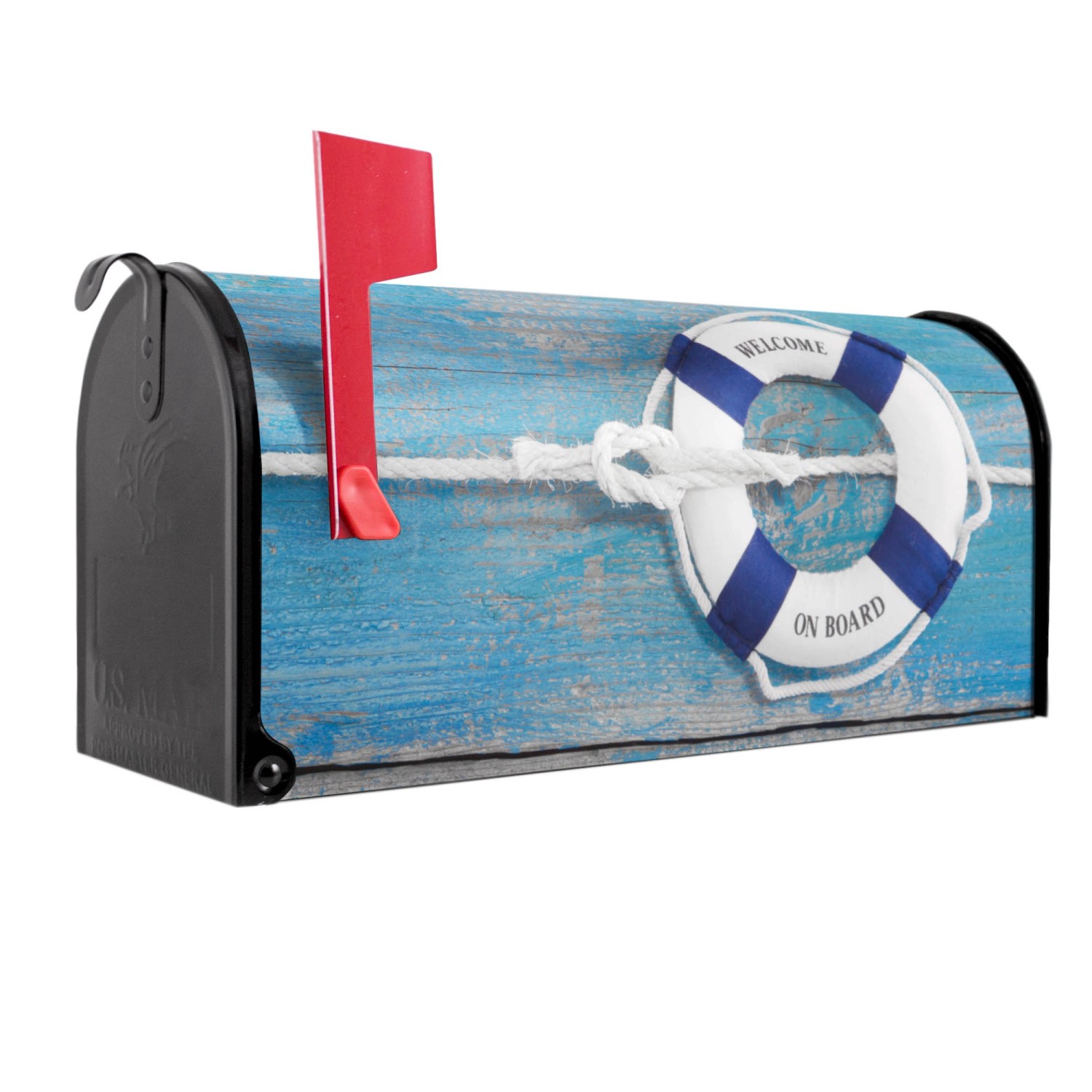Bild von Banjado Amerikanischer Briefkasten Schwarz 48x22x16cm US Mailbox Letterbox Postkasten Stahl Pulverbeschichtet Motiv Blauer Rettungsring