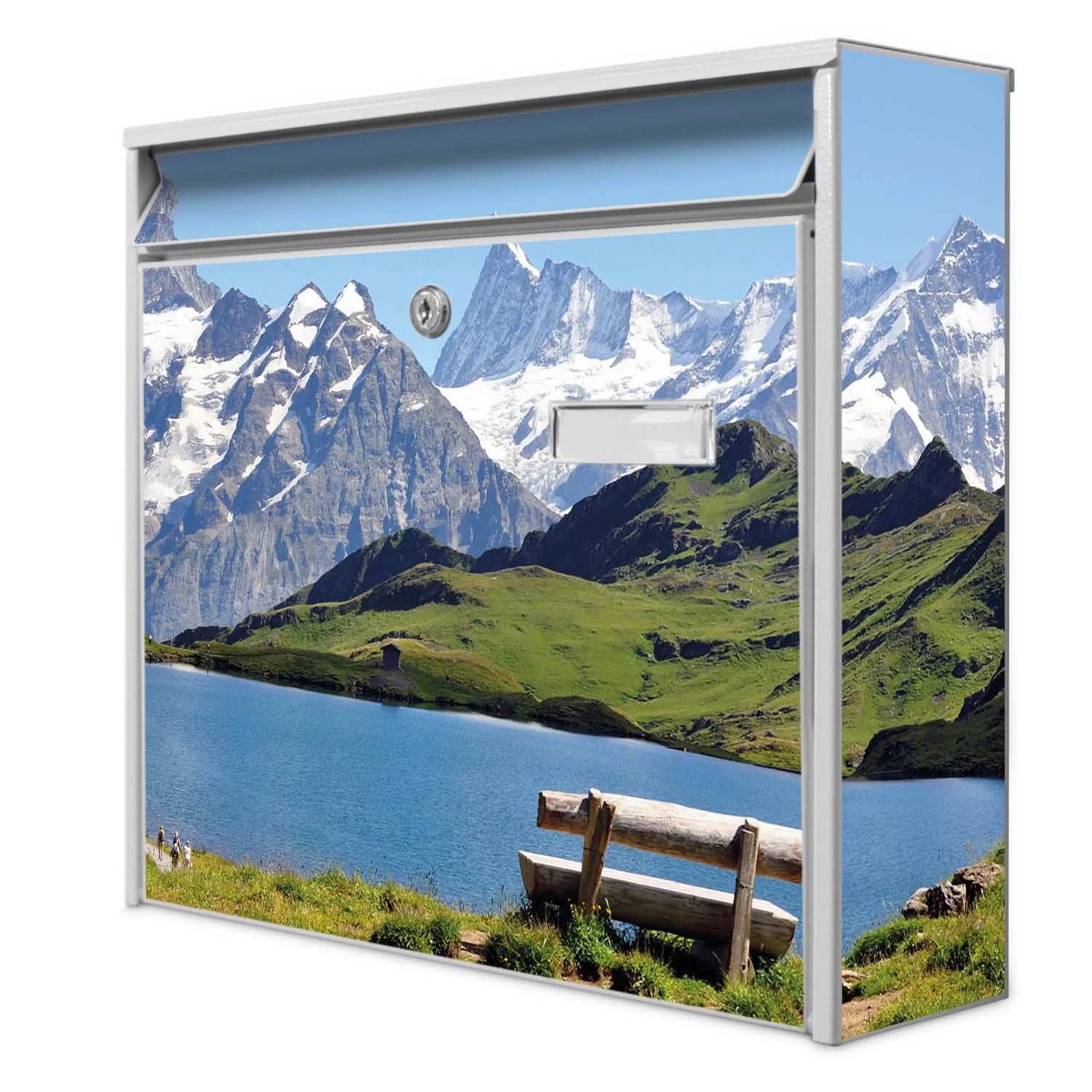 Bild von Banjado Briefkasten Weiß 36.2x32.2x10cm Groß / Inkl. Montagematerial & 2 Schlüsseln / Mit Namensschild Motiv Alpen