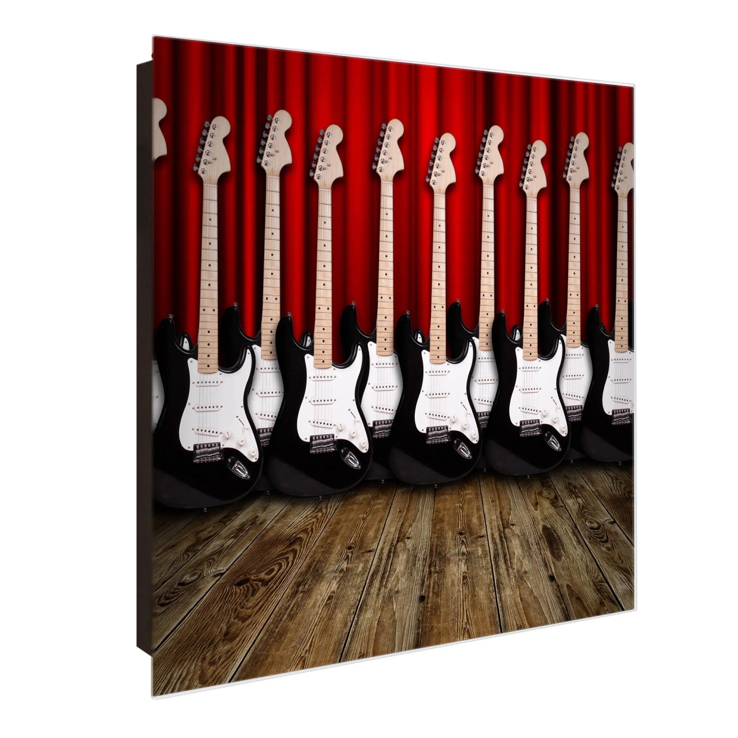 Bild von Banjado Großer Schlüsselkasten Glas 30x30cm Schwarz Scharnier Rechts 50 Haken Beschreibbar Magnetisch Motiv E-Gitarren