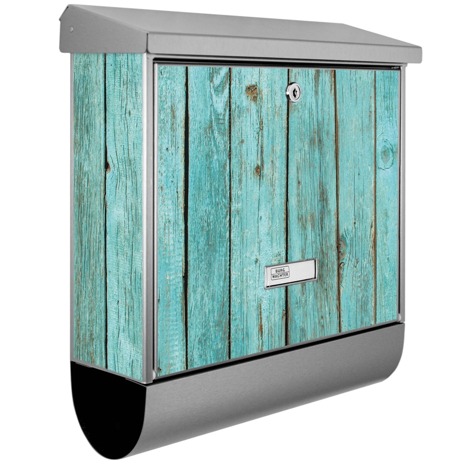 Bild von Banjado Briefkasten Edelstahl 38x39x12cm Mit Zeitungsfach Inkl. Montagematerial Motiv Blaues Holz
