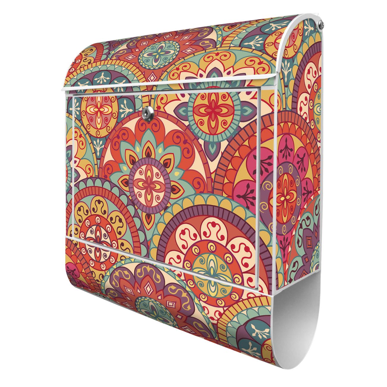 Bild von banjado Manufaktur Briefkasten weiß bunt mit Motiv Rosetten 38x47x13cm - mit Zeitungsfach pulverbeschichtet, 2 Schlüssel, mit Montageanleitung