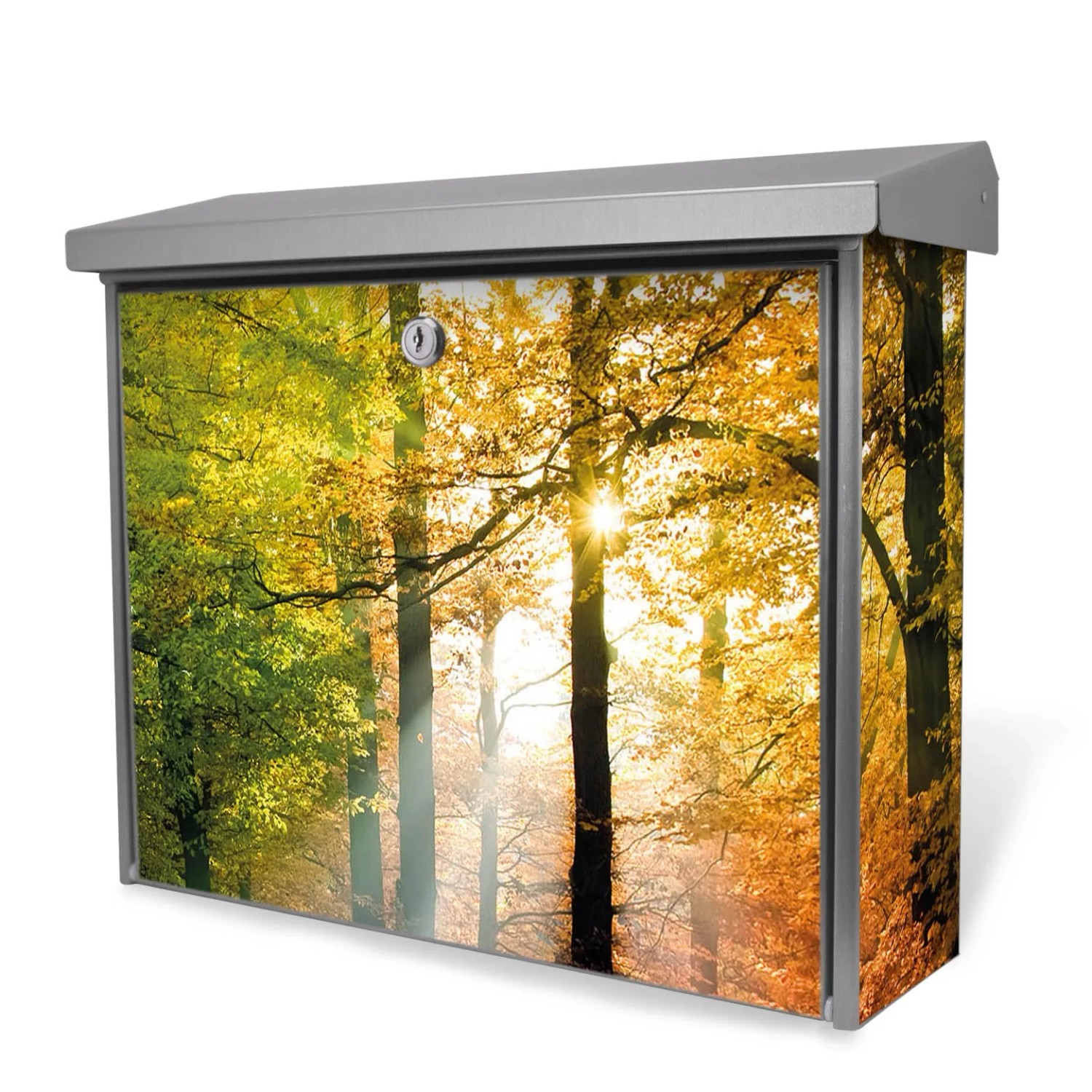 Bild von Banjado Briefkasten Edelstahl 38.5x31.5x12cm Ohne Zeitungsfach Inkl. Montagematerial Motiv Herbstwald