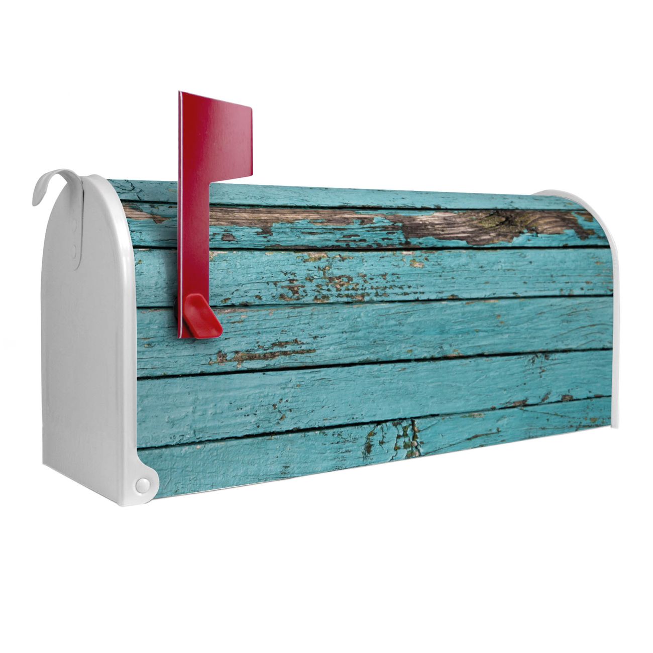 Bild von banjado Amerikanischer Briefkasten Weiß US Mailbox, Letterbox Holz Blau, Stahl Postkasten aus Amerika, Briefkasten amerikanisch mit roter Fahne