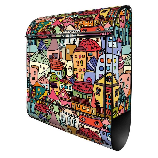 Bild von banjado Wandbriefkasten Stahl Funky Town (Wandbriefkasten witterungsbeständig, pulverbeschichtet, mit Zeitungsfach), 39 x 47 x 14cm