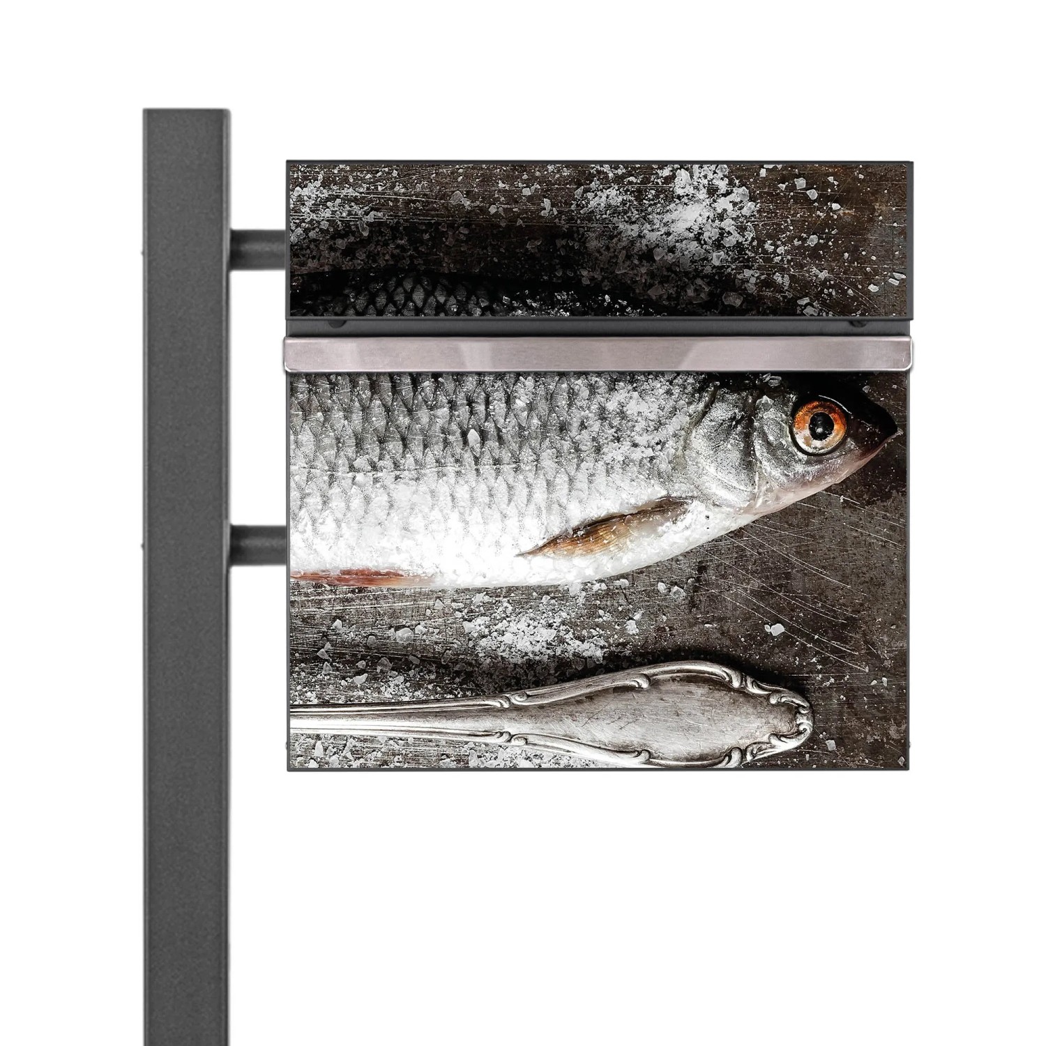 Bild von Banjado Standbriefkasten Anthrazit 45x120x16.5cm Groß Inkl. Montagematerial & 2 Schlüsseln Motiv Fisch Und Salz