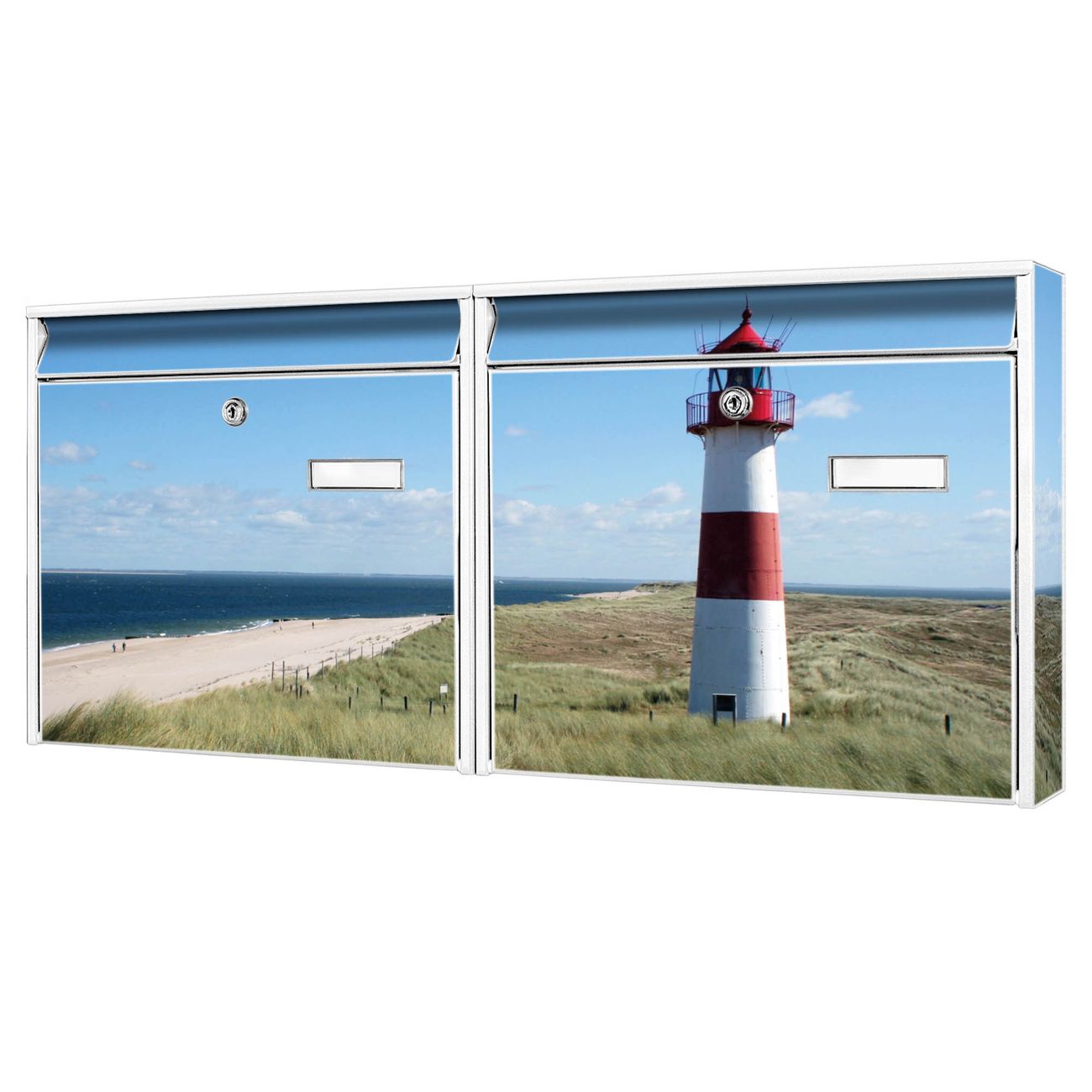 Bild von banjado Burg Wächter Briefkastenanlage weiß Doppelbriefkasten mehre Farben, flexibel erweiterbar, mit Motiv Leuchtturm auch Personalisiert - A5