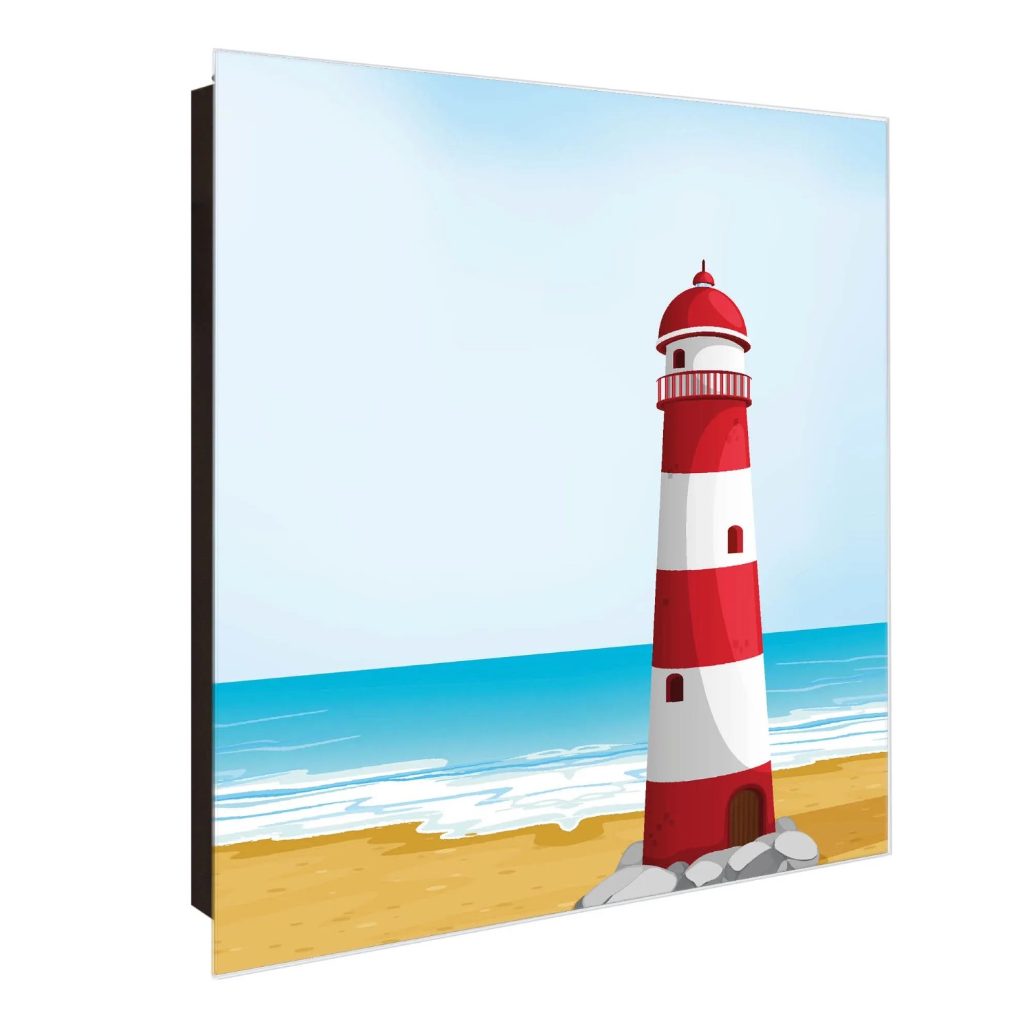 Bild von Banjado Großer Schlüsselkasten Glas 30x30cm Schwarz Scharnier Links 50 Haken Beschreibbar Magnetisch Motiv Leuchtturm Illustration