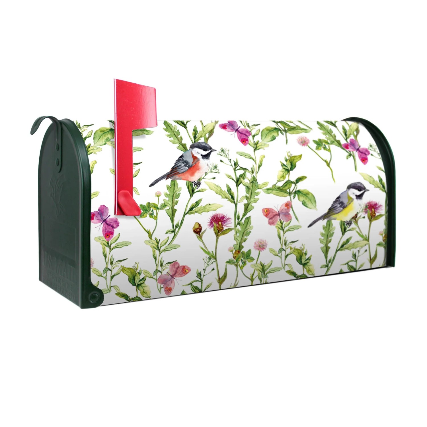 Bild von Banjado Amerikanischer Briefkasten Grün 48x22x16cm US Mailbox Letterbox Postkasten Stahl Pulverbeschichtet Motiv Meisen Im Klee
