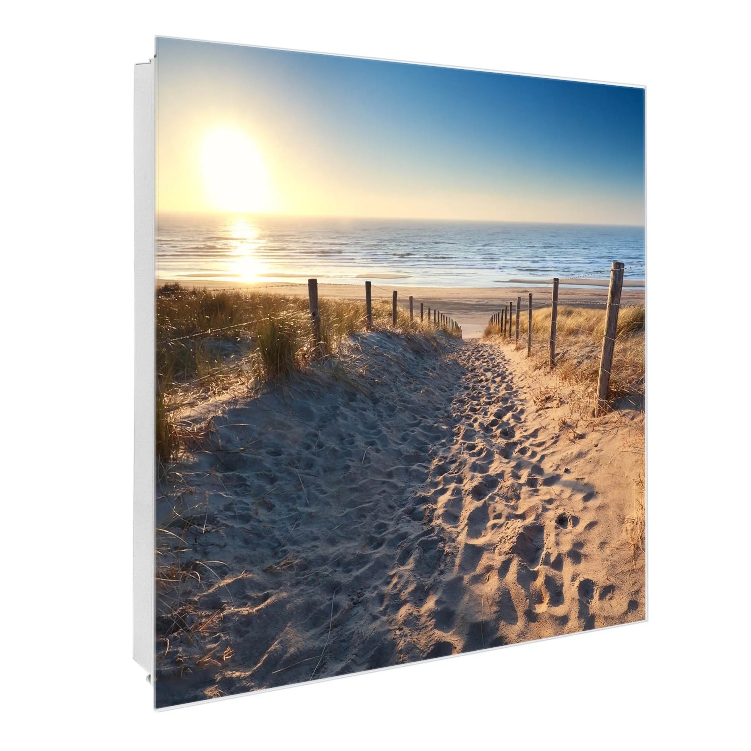 Bild von Banjado Großer Schlüsselkasten Glas 30x30cm Weiß Scharnier Rechts 50 Haken Beschreibbar Magnetisch Motiv Nordseestrand