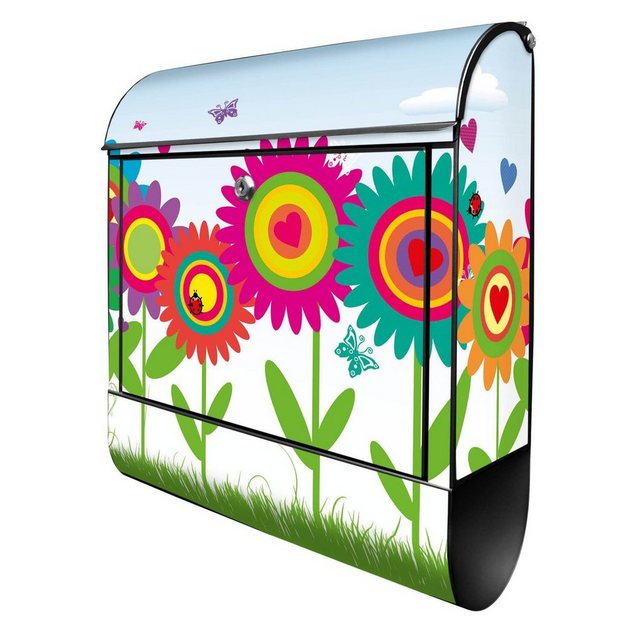 Bild von banjado Wandbriefkasten Stahl Bunte Blumen (Wandbriefkasten witterungsbeständig, pulverbeschichtet, mit Zeitungsfach), 39 x 47 x 14cm