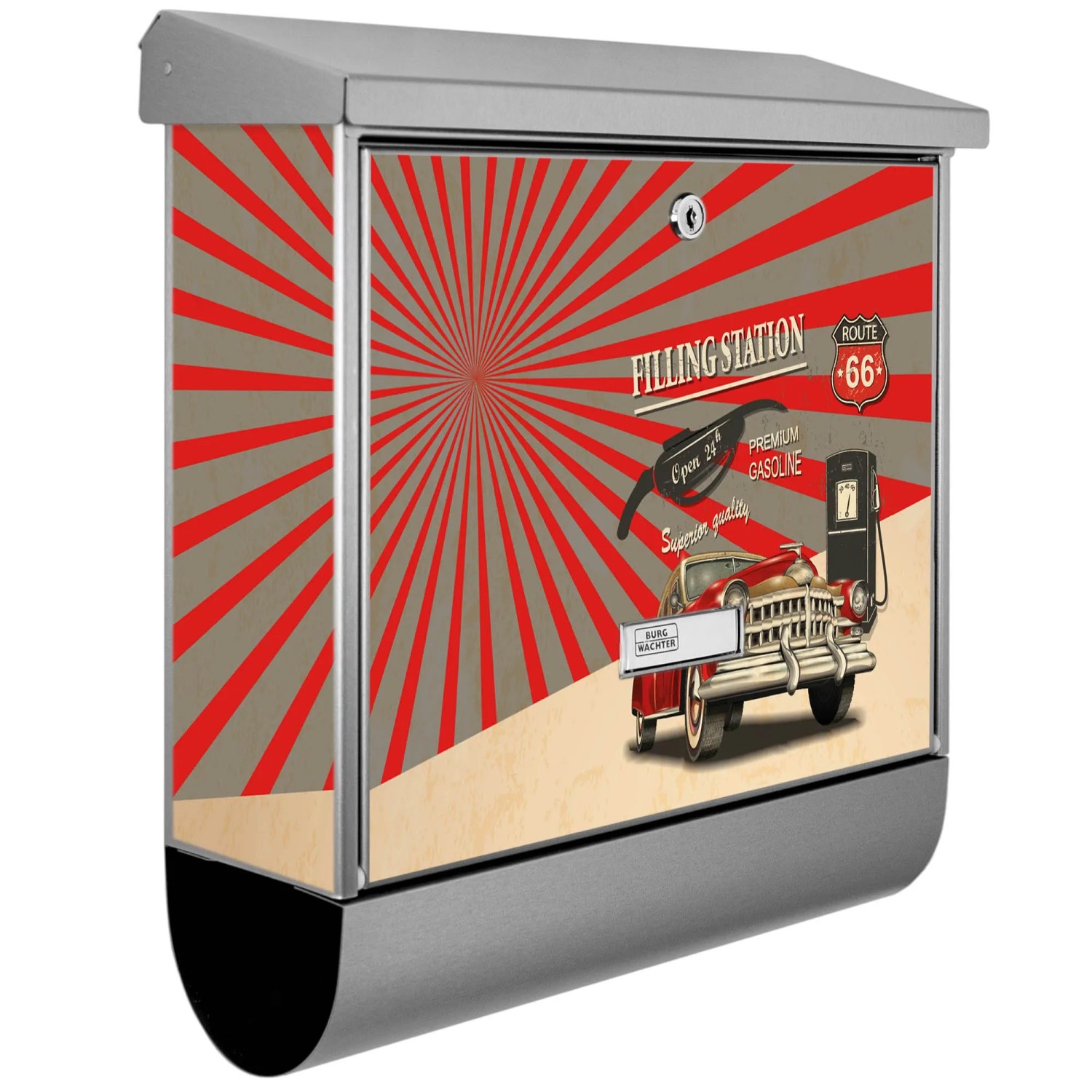 Bild von Banjado Briefkasten Edelstahl 38x39x12cm Mit Zeitungsfach Inkl. Montagematerial Motiv Filling Station