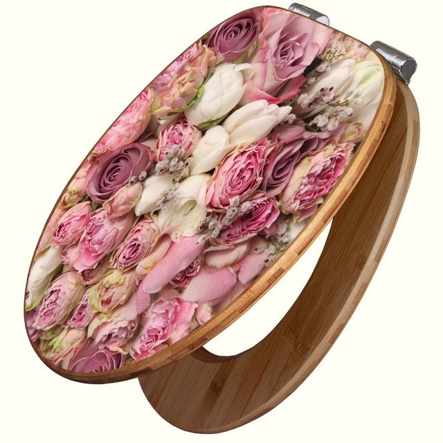 Bild von Banjado Design WC Sitz Bambus Holz Toilettendeckel Mit Absenkautomatik Klodeckel WC-Sitz Soft Close Mit Motiv Strauss Rosen