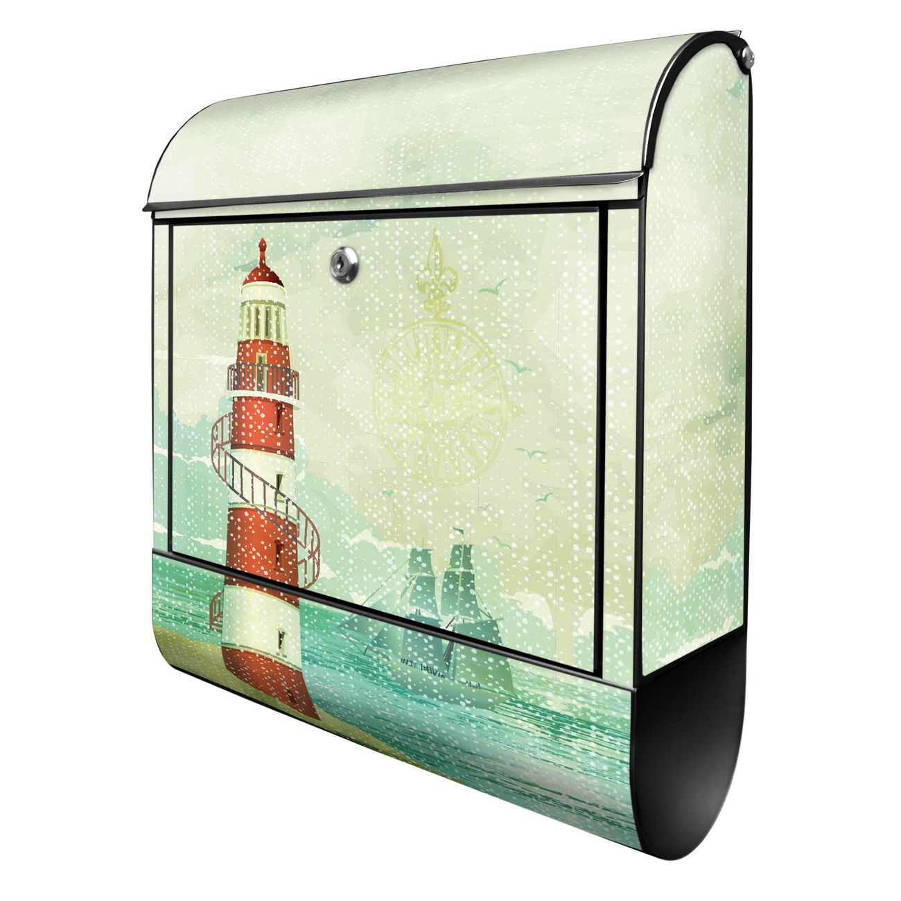 Bild von banjado Briefkasten groß schwarz kaufen mit Motiv Leuchtturm 38x47x13cm - mit Zeitungsfach pulverbeschichtet - 2 Schlüssel - mit Montageanleitung