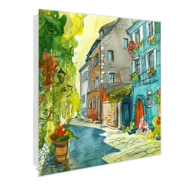 Bild von Banjado Großer Schlüsselkasten Glas 30x30cm Weiß Scharnier Links 50 Haken Beschreibbar Magnetisch Motiv Historischer Stadtkern