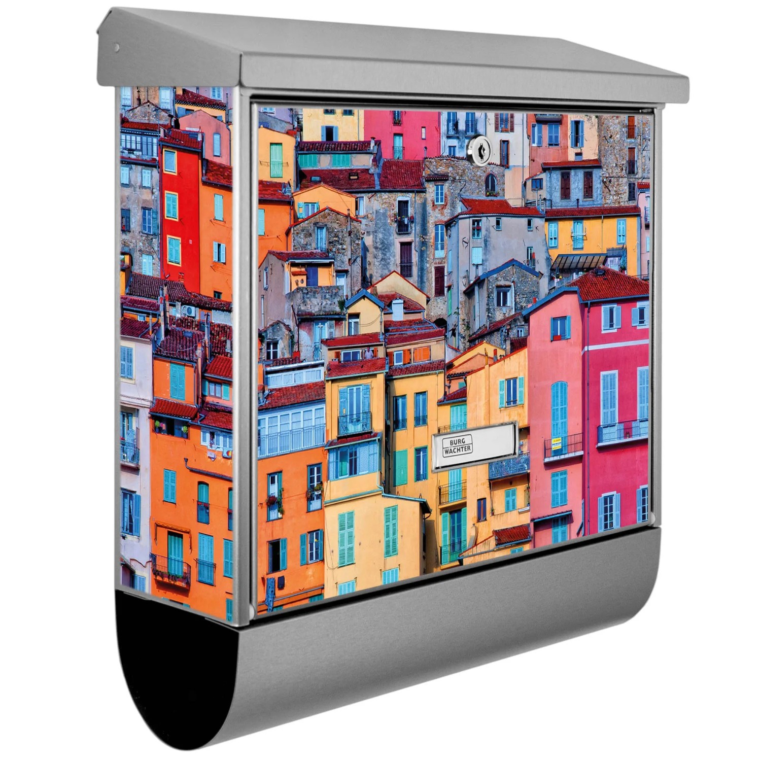 Bild von Banjado Briefkasten Edelstahl 38x39x12cm Mit Zeitungsfach Inkl. Montagematerial Motiv Häuserberg