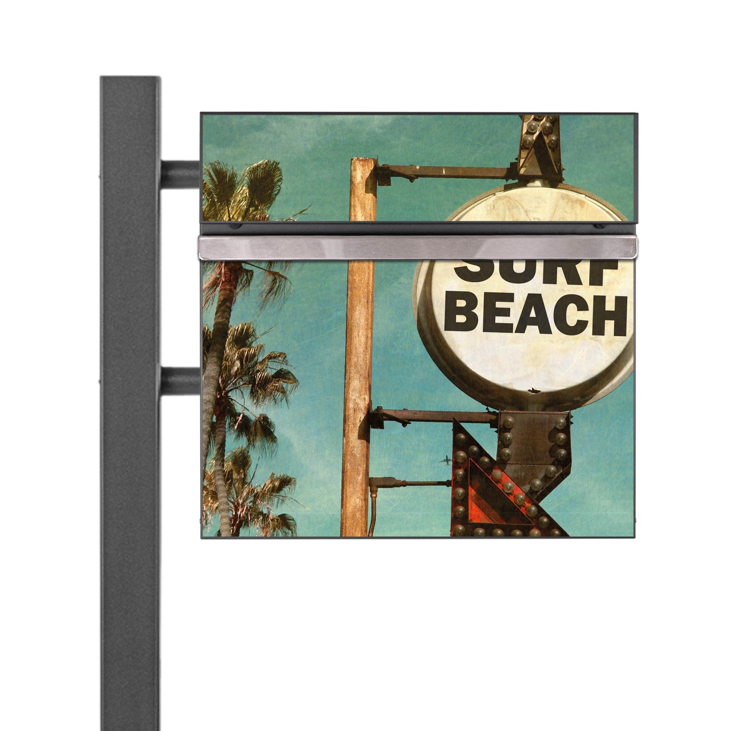Bild von Banjado Standbriefkasten Anthrazit 45x120x16.5cm Groß Inkl. Montagematerial & 2 Schlüsseln Motiv Surf Beach