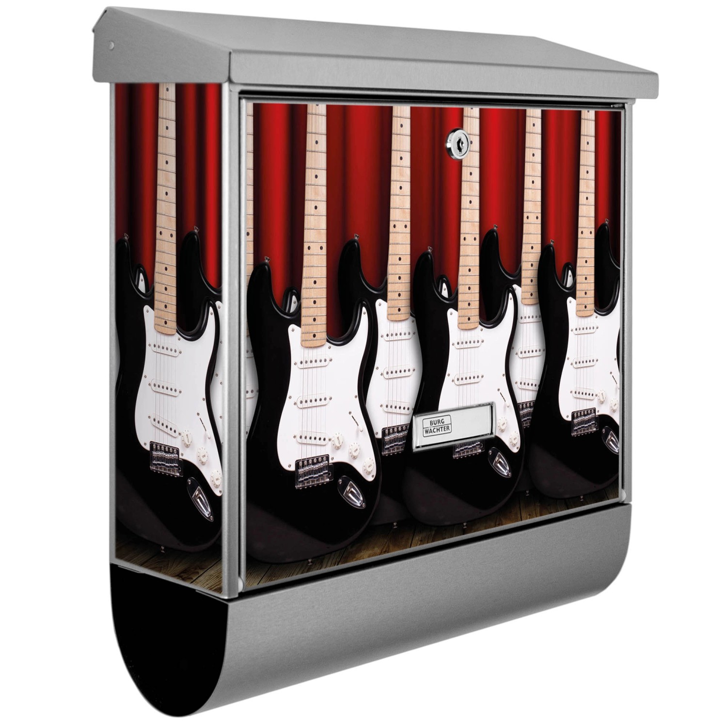 Bild von Banjado Briefkasten Edelstahl 38x39x12cm Mit Zeitungsfach Inkl. Montagematerial Motiv E-Gitarren