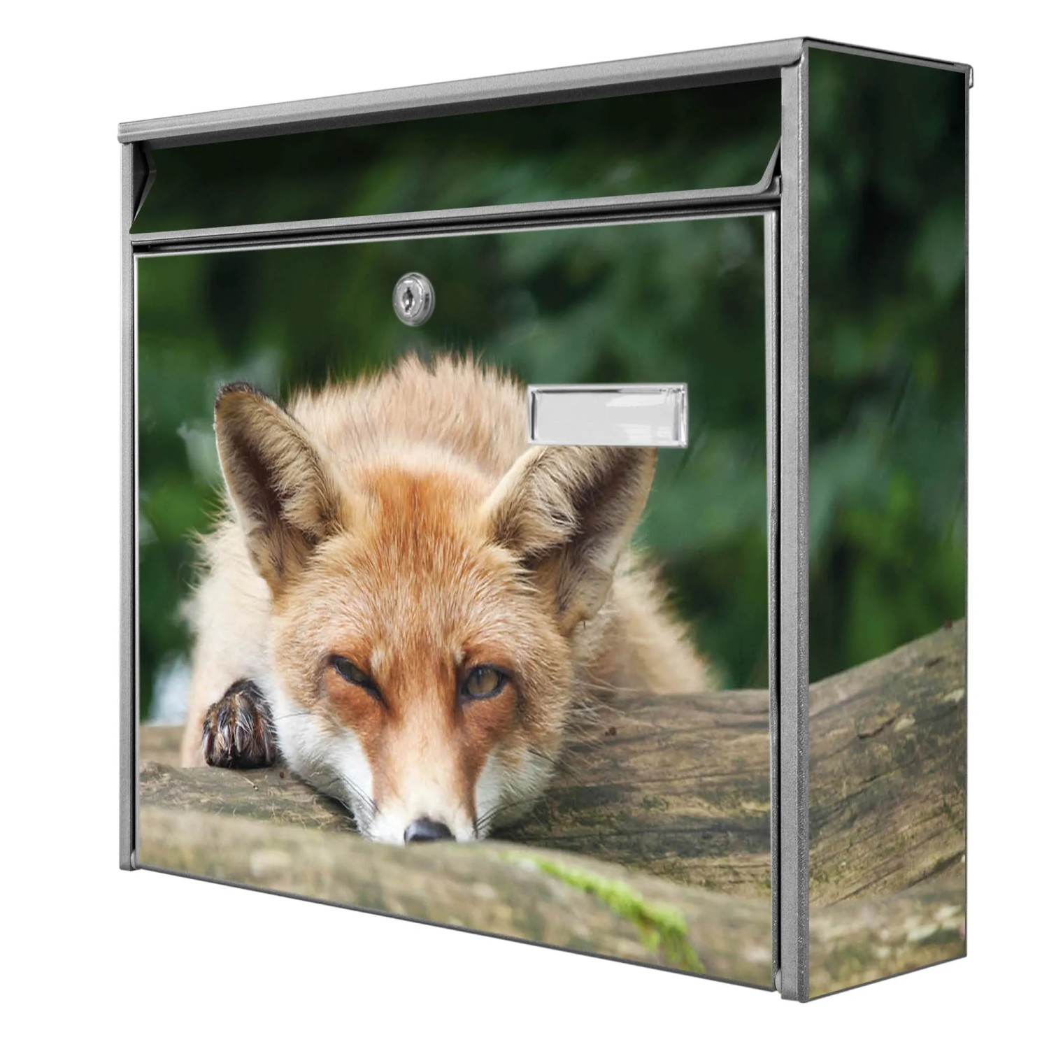 Bild von Banjado Briefkasten Silber 36.2x32.2x10cm Groß / Inkl. Montagematerial & 2 Schlüsseln / Mit Namensschild Motiv Fuchs Relax
