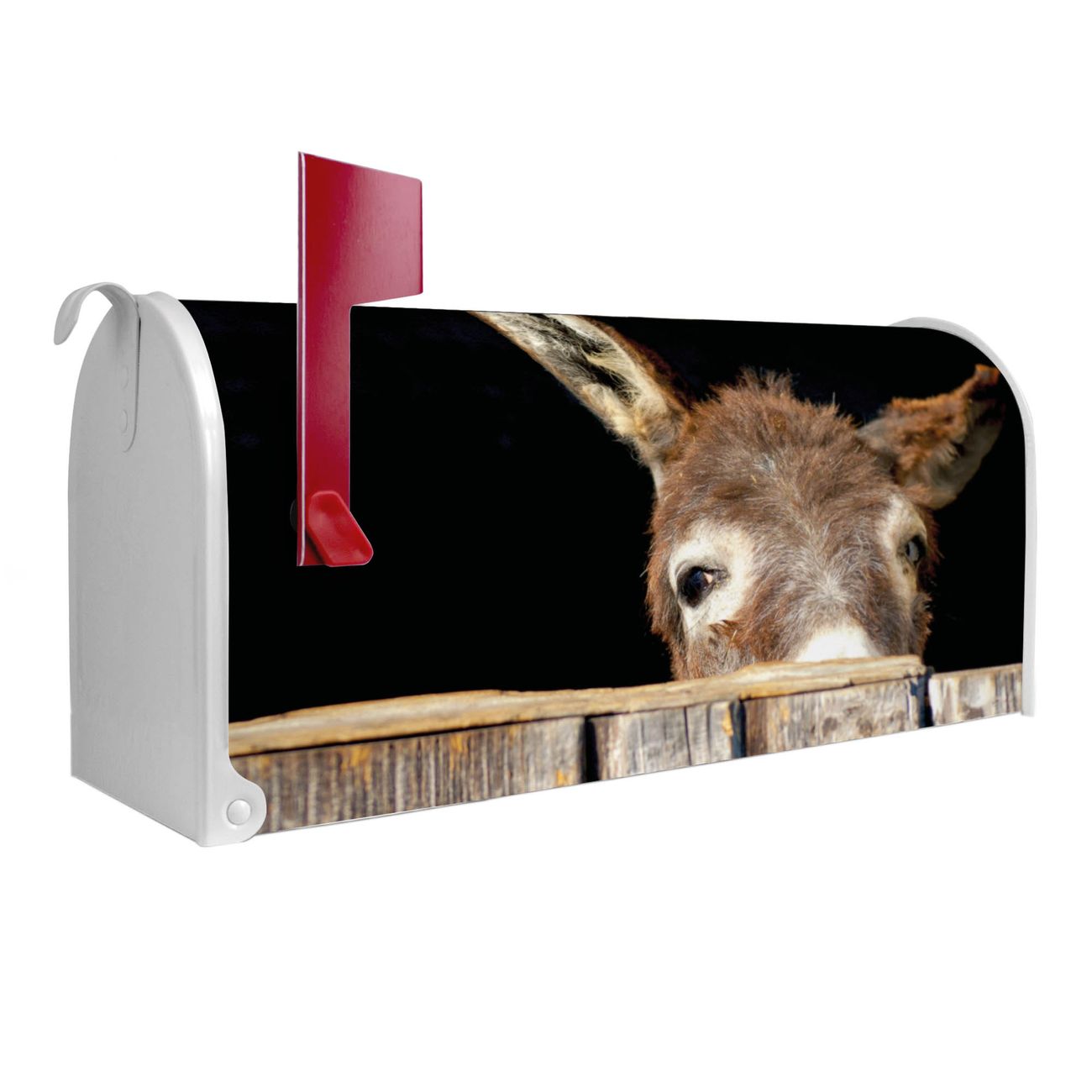 Bild von banjado Amerikanischer Briefkasten Weiß US Mailbox, Letterbox Esel, Stahl Postkasten aus Amerika, Briefkasten amerikanisch mit roter Fahne