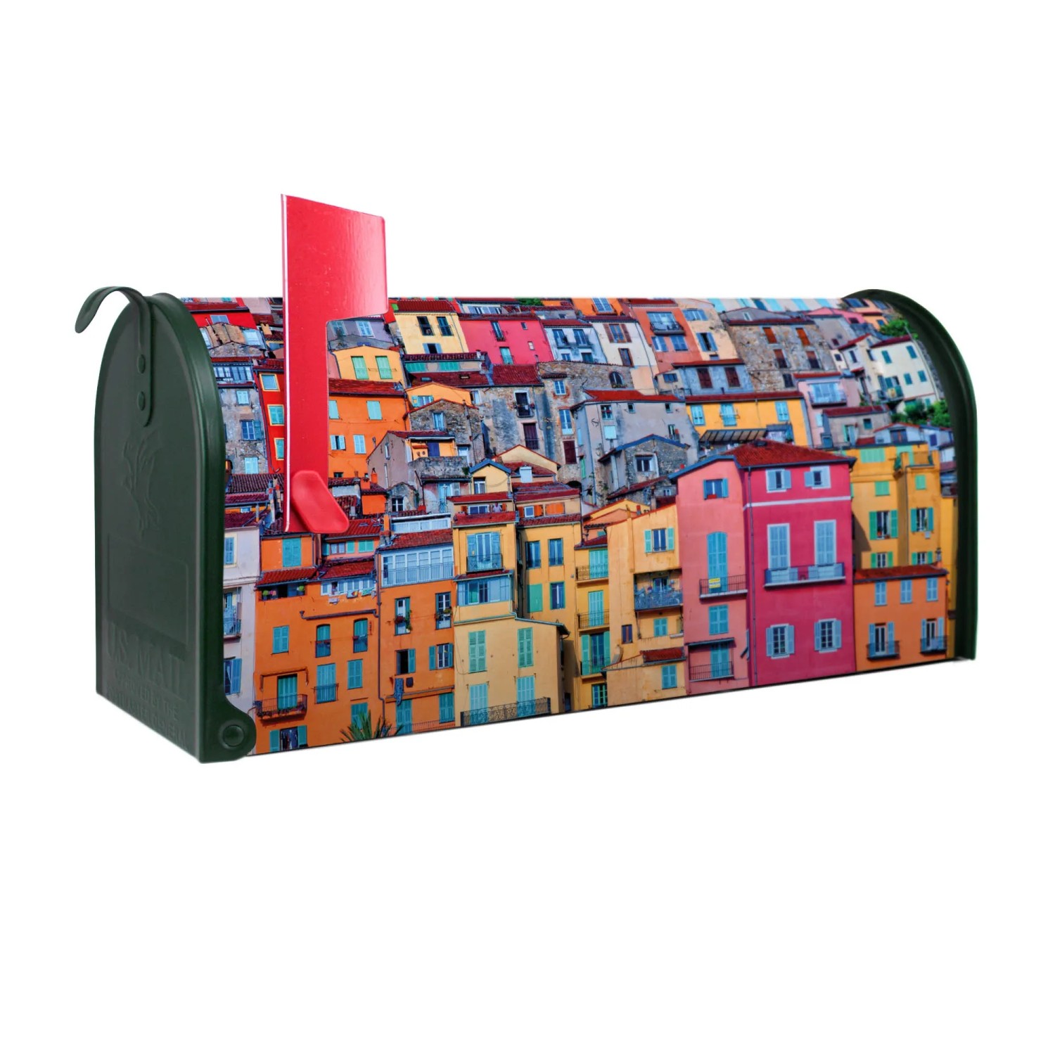 Bild von Banjado Amerikanischer Briefkasten Grün 48x22x16cm US Mailbox Letterbox Postkasten Stahl Pulverbeschichtet Motiv Häuserberg