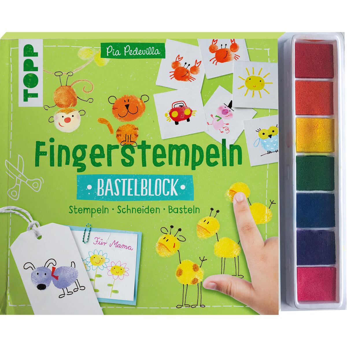 Bild von Fingerstempeln. Bastelblock mit Stempelfarbe: Stempeln, Schneiden, Basteln. Mit 7 farbigen Stempelkissen
