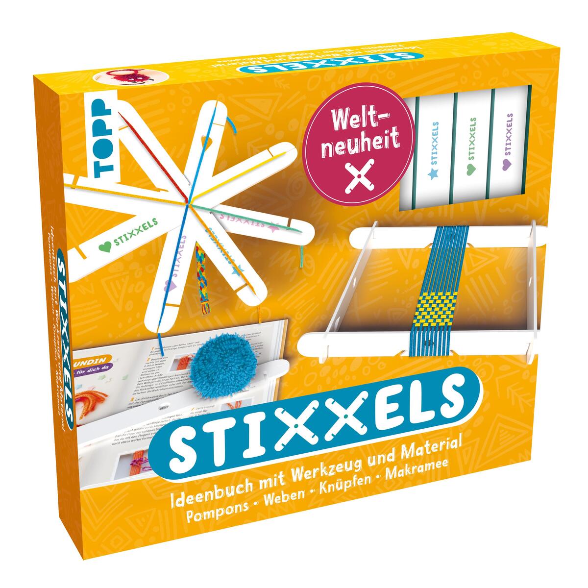 Bild von Kreativ-Set Stixxels - Das Universalwerkzeug für Makramee, Knüpfen, Pompons und Weben. Weltneuheit!: Buch mit Grundlagen und Kreativideen, 4 Stixxels-Stäbe und Garn in 2 Farben (Buch plus Material)