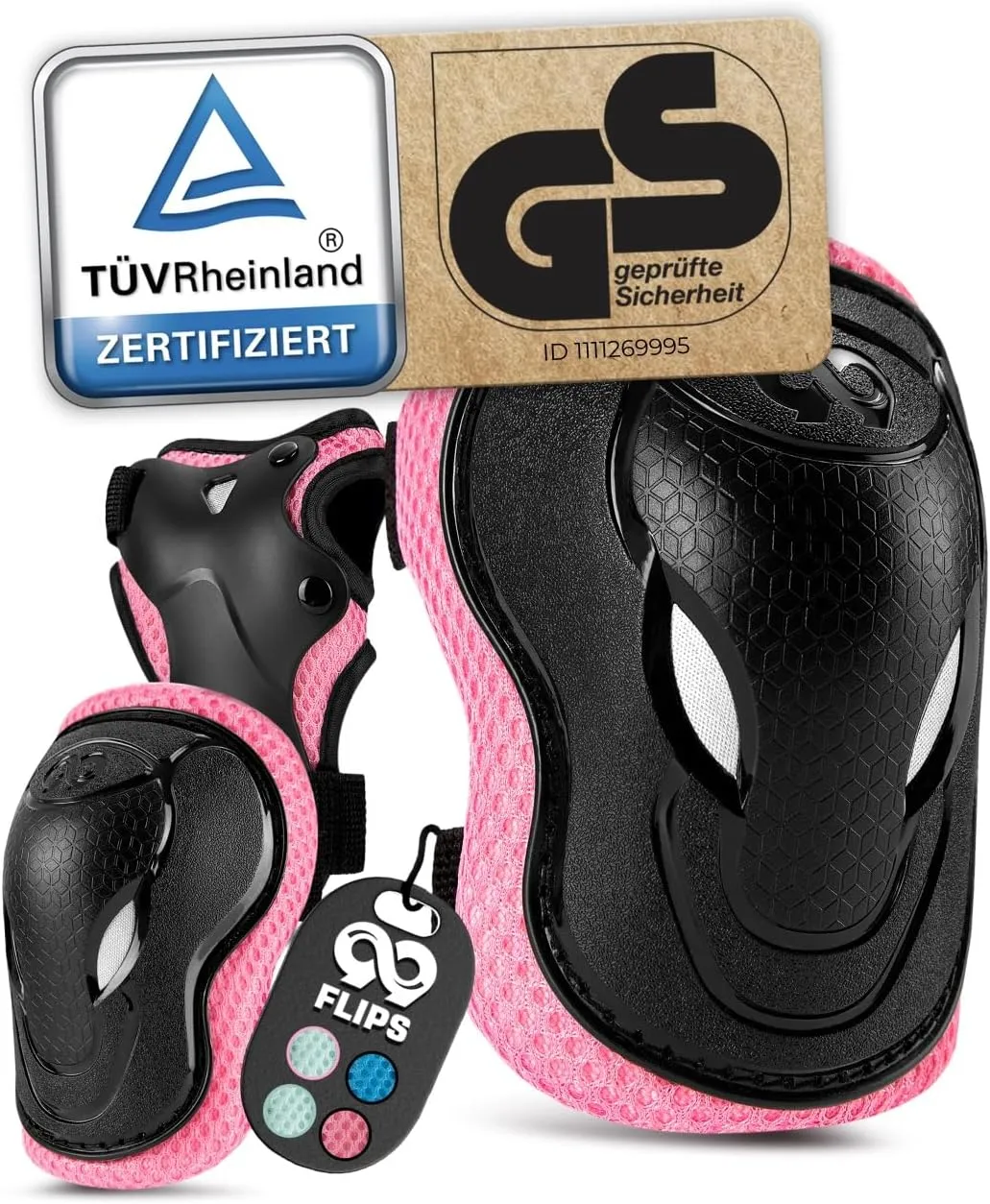 Bild von 99FLIPS Kinder Schoner Set mit 6 Teilen für Knie, Ellenbogen und Hände, GS-zertifiziert vom TÜV Rheinland, inklusive Aufbewahrungsbeutel