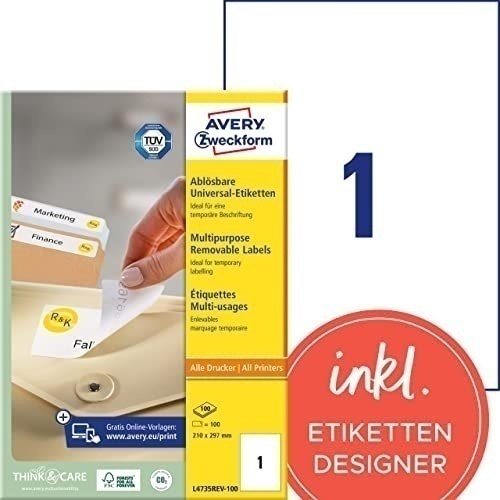 Bild von 100 Avery Zweckform Universaletiketten 210 x 297 mm A4, wiederablösbar