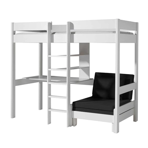 Bild von Hochbett Kinderzimmer PINOO-12 mit Schreibtischplatte und Sesselbett in Kiefer massiv weiß lackiert, B/H/T: ca. 208/175/105-206 cm
