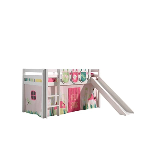 Bild von Spielbett Pino inkl. Rutsche mit Textilset Vorhang und 3 Taschen "Spring", Ausf. Kiefer massiv weiß