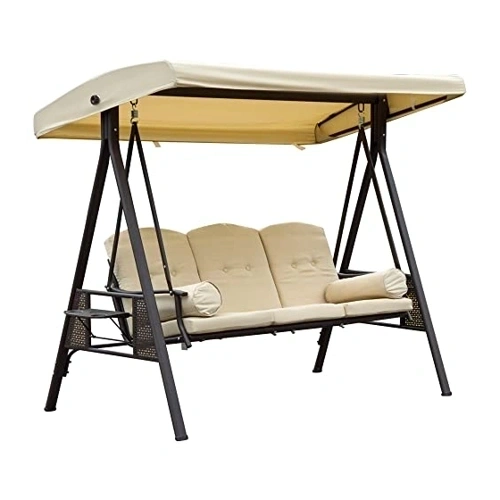 Bild von Outsunny 3-Sitzer Hollywoodschaukel Gartenschaukel mit Sonnendach Kissen Metall Polyester Beige+Braun 120 x 208 x 172 cm   Aosom