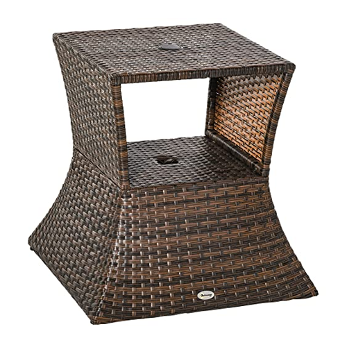Bild von Outsunny Gartentisch Beistelltisch Sonnenschirmständer Gartenmöbel Terrasse Polyrattan Braun 54 x 54 x 55 cm   Aosom